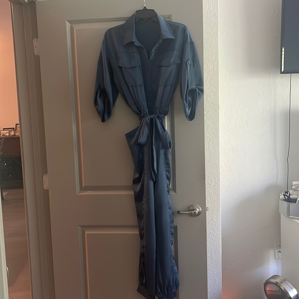 Blue satin jumpsuit size large high waist